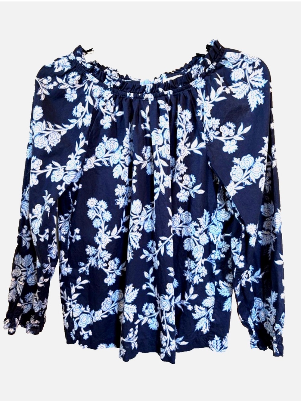 J.Crew Women’s XS Navy Floral Peasant Blouse Tie Neck Long Sleeve Boho
